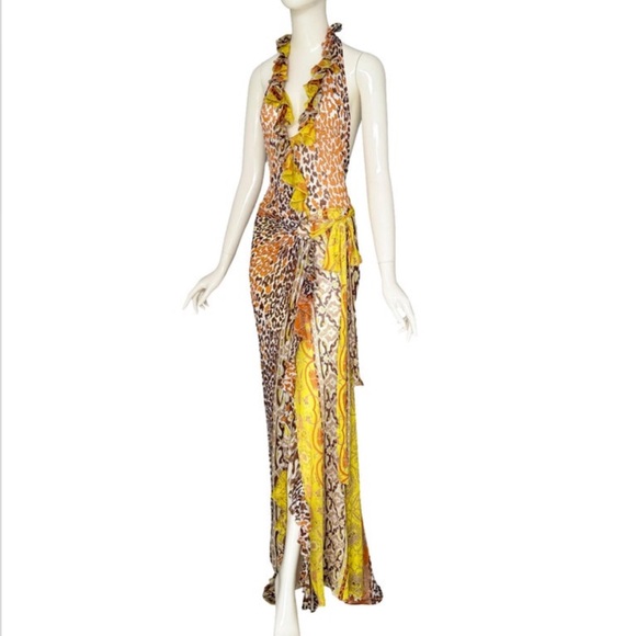 Roberto Cavalli Rare Yellow and Brown Backless Dress - Picture 1 of 8